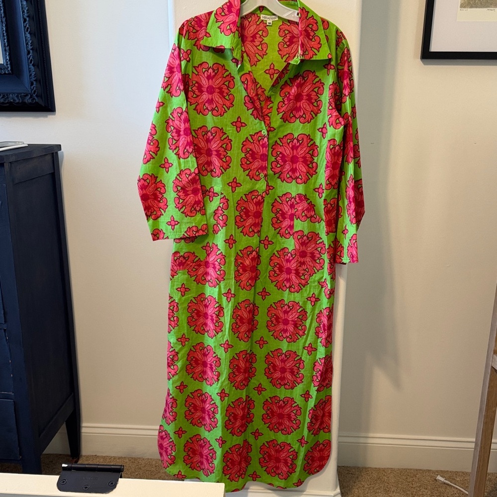 Women’s Maxi Dress in Green with Pink Floral Print